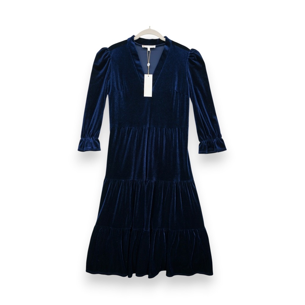 NWT Jude Connally Maggie Velvet‎ Dress Navy Size Medium 3/4 Sleeve Made in USA